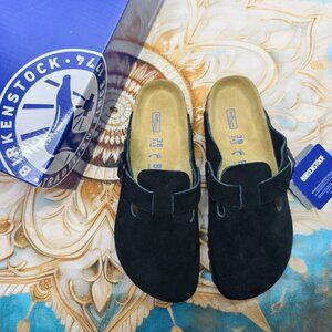 Women's Black Suede Birkenstock Boston Shoes - Narrow Fit